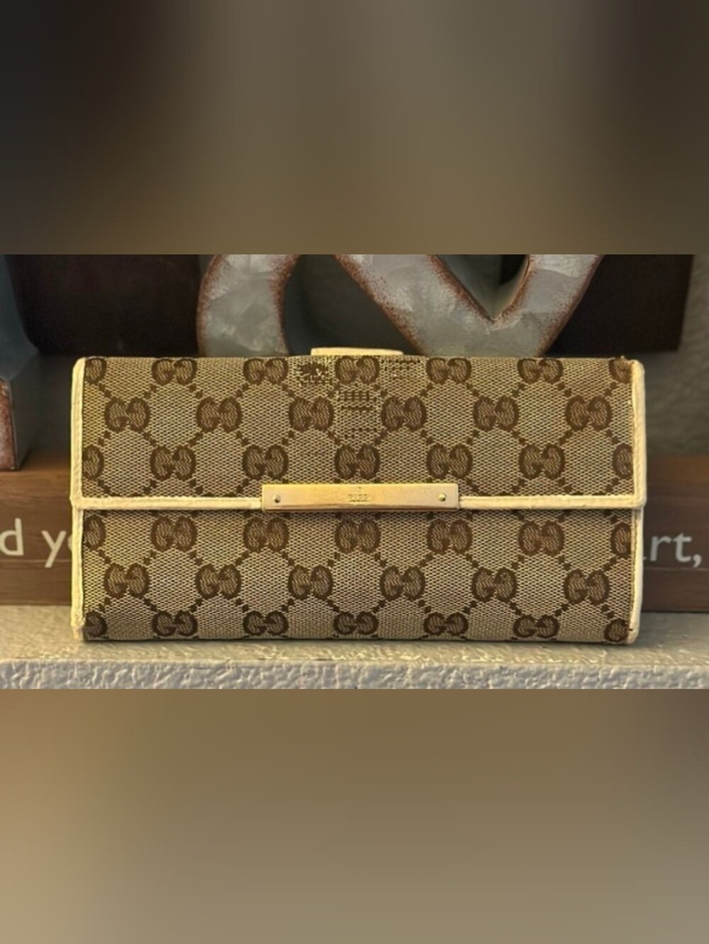 GUCCI GG Logo Canvas Leather Long Bifold Wallet